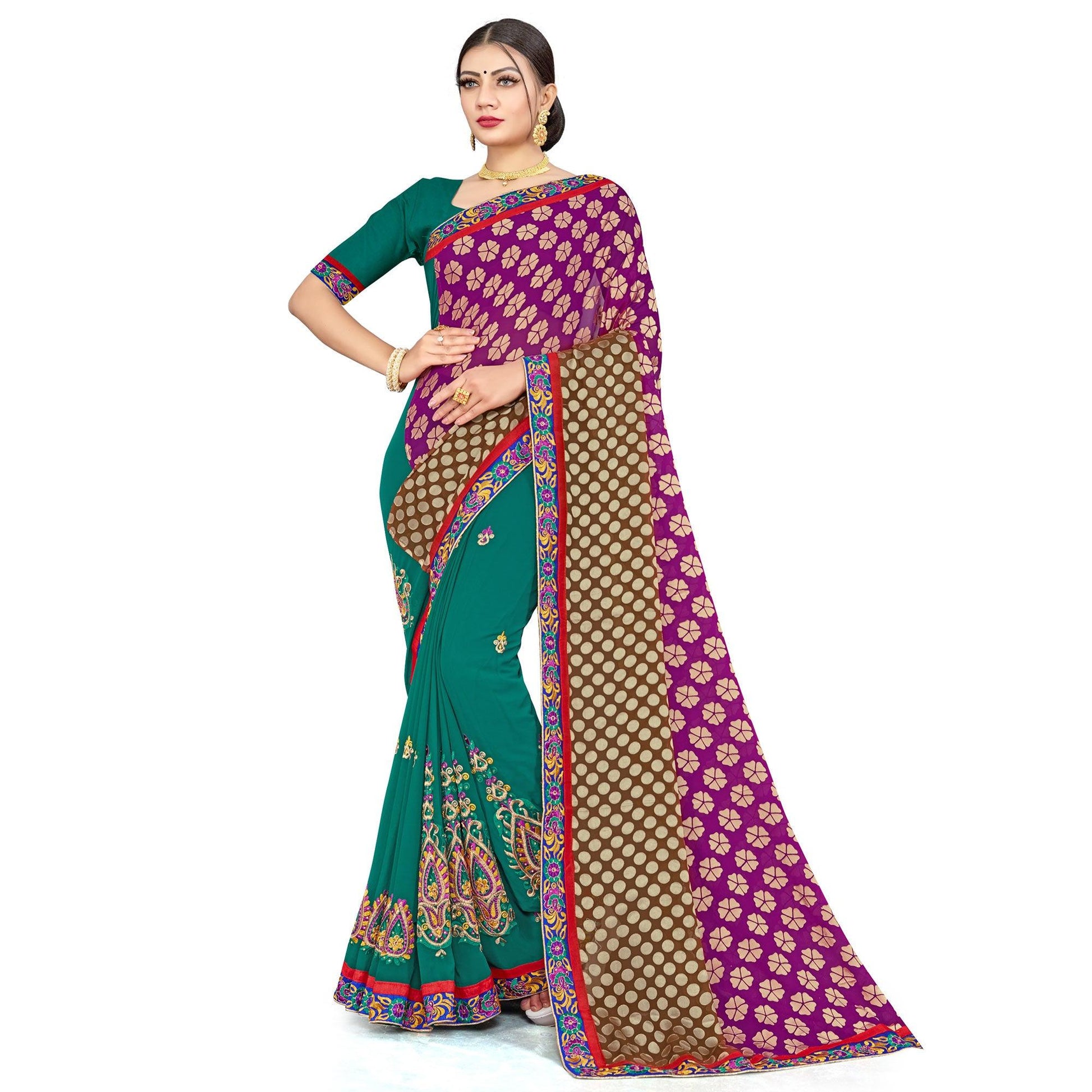 Ethnic Green-Purple Colored Party Wear Embroidered Georgette Half-Half Saree