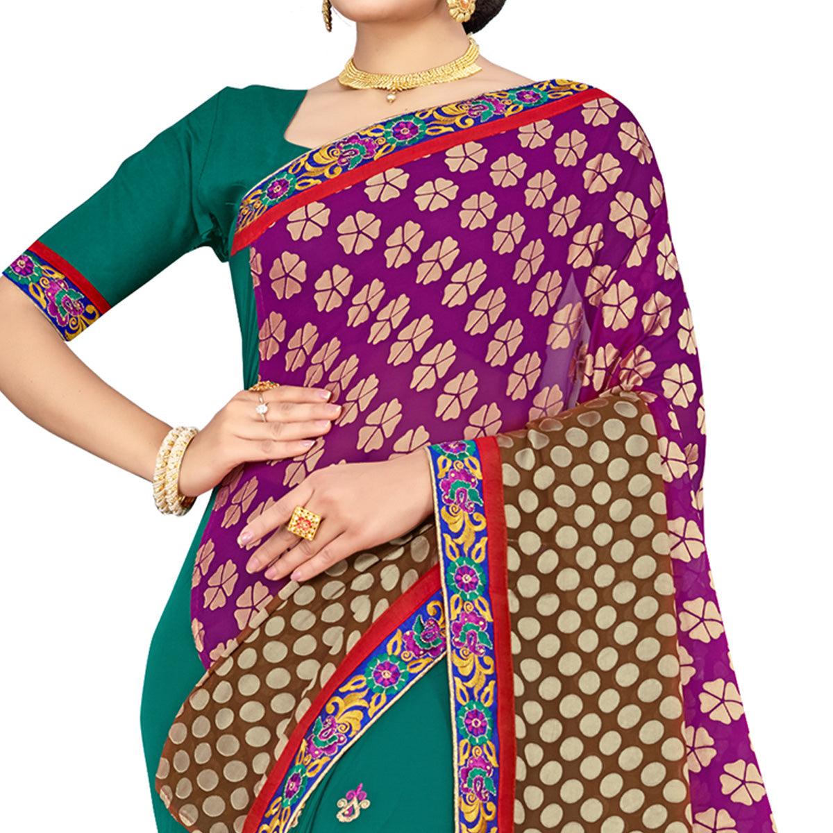 Ethnic Green-Purple Colored Party Wear Embroidered Georgette Half-Half Saree