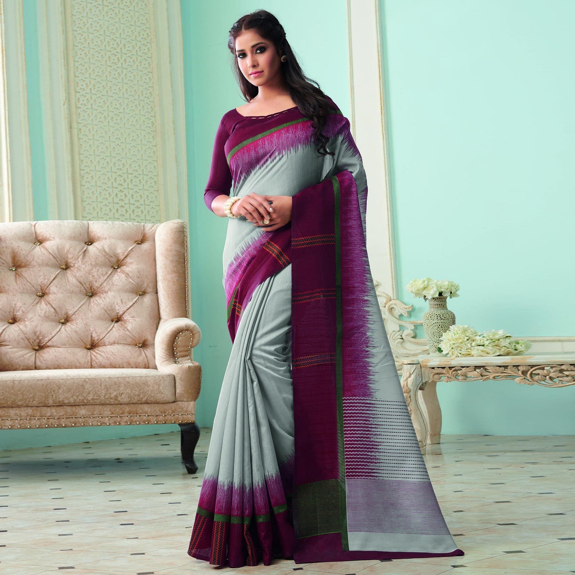 Ethnic Grey Colored Casual Wear Printed Bhagalpuri Saree