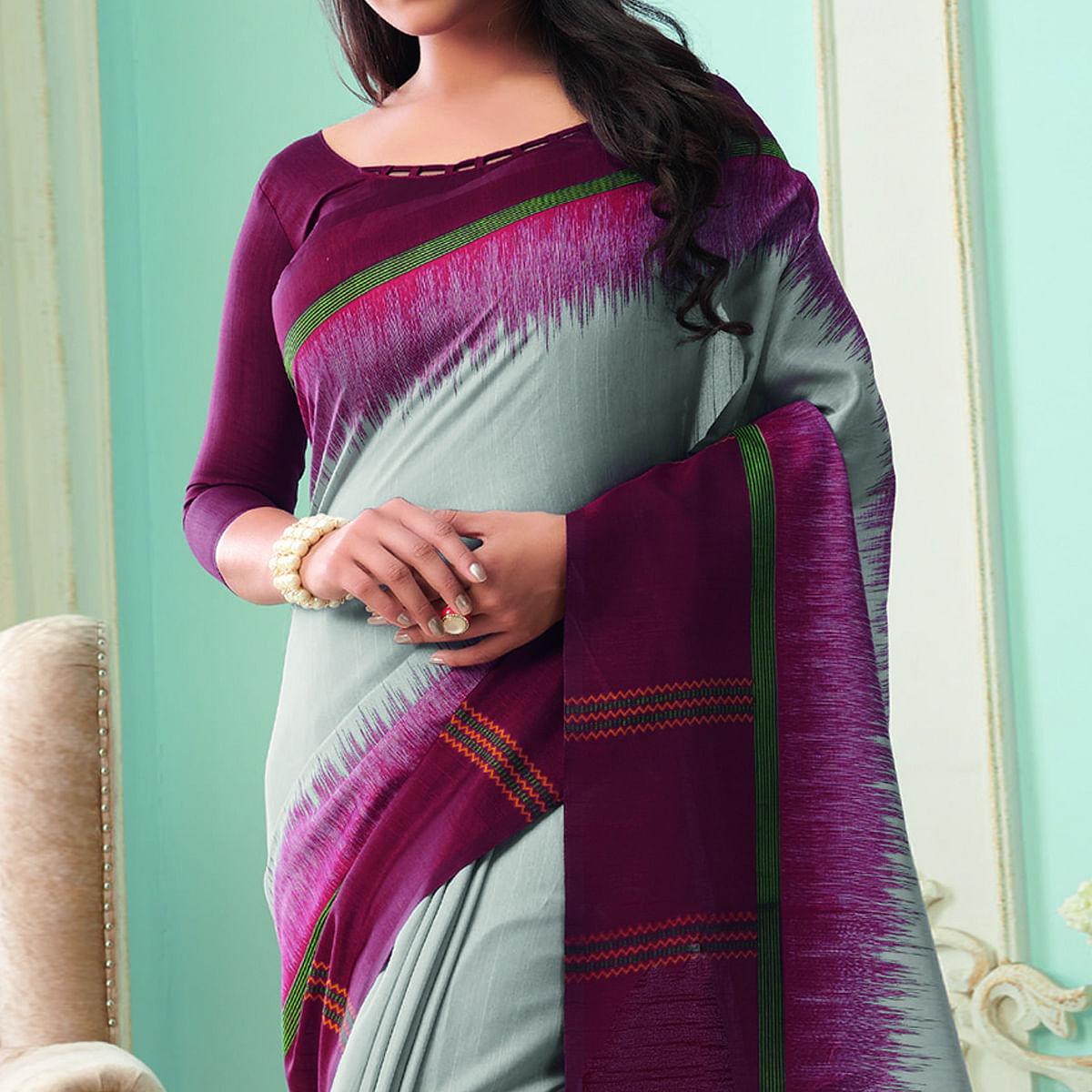 Ethnic Grey Colored Casual Wear Printed Bhagalpuri Saree