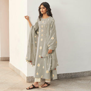 Ethnic Grey Colored Casual Wear Printed Pure Cotton Suit