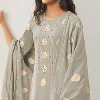 Ethnic Grey Colored Casual Wear Printed Pure Cotton Suit