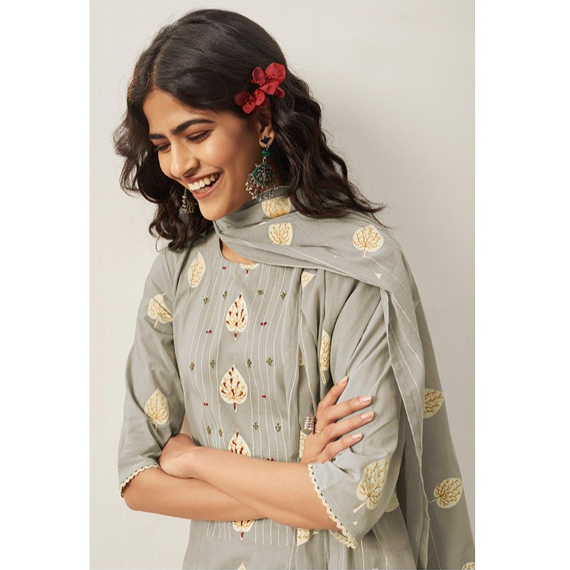 Ethnic Grey Colored Casual Wear Printed Pure Cotton Suit