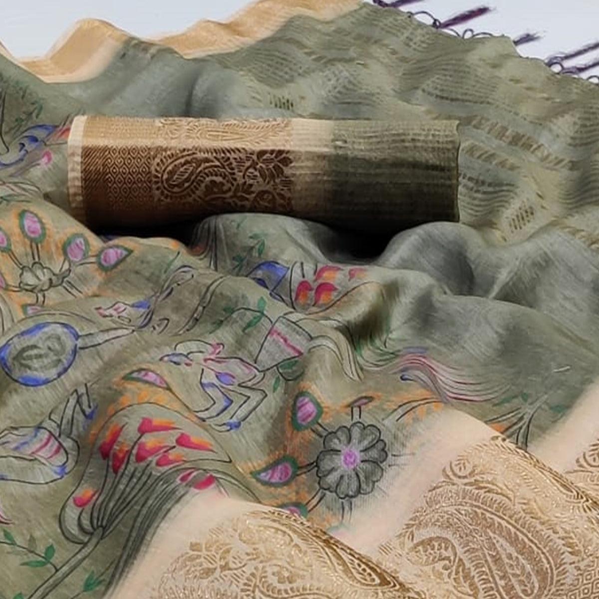 Ethnic Grey Colored Festive Wear Woven Banarasi Silk Saree