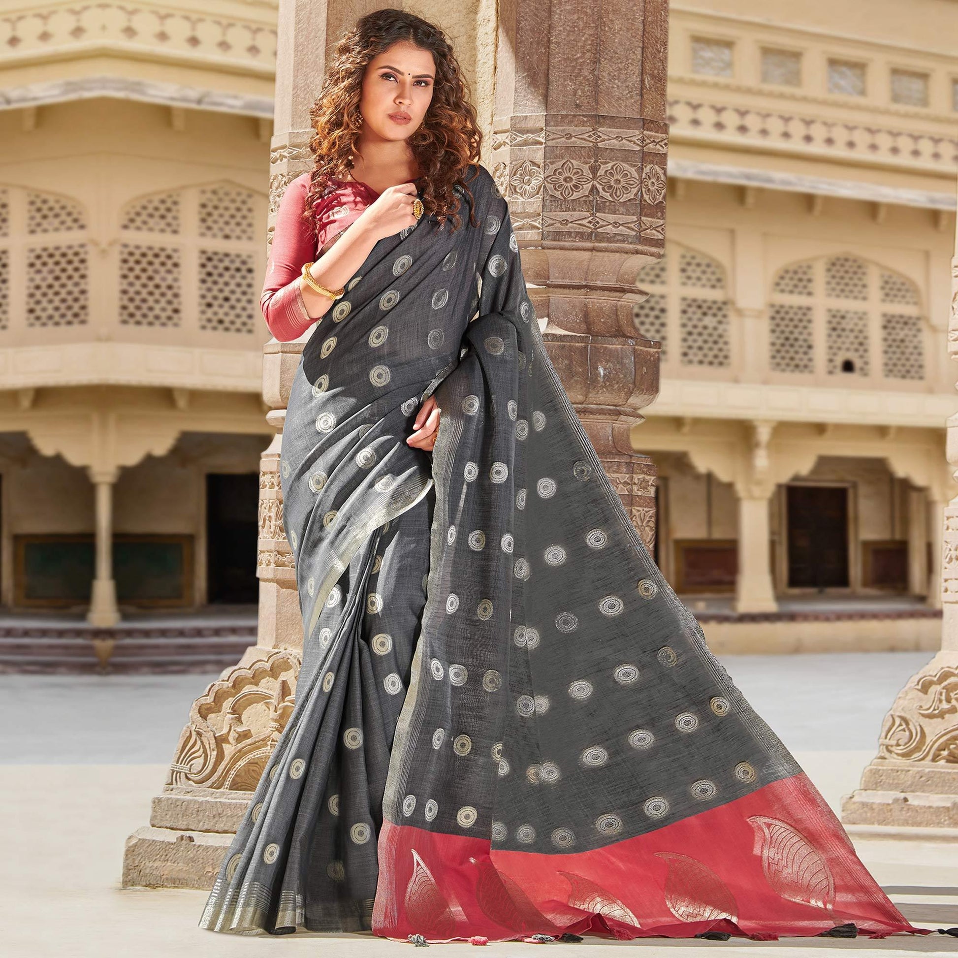 Ethnic Grey Colored Festive Wear Woven Linen Cotton Saree With Tassels