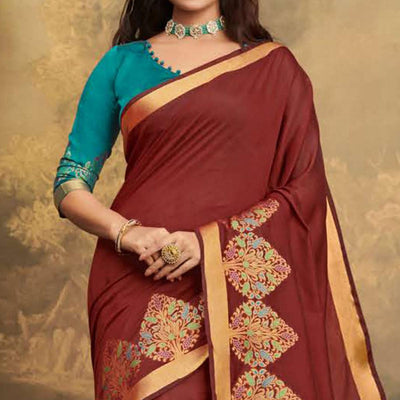 Ethnic Maroon Colored Festive Wear Woven Cotton Handloom Saree