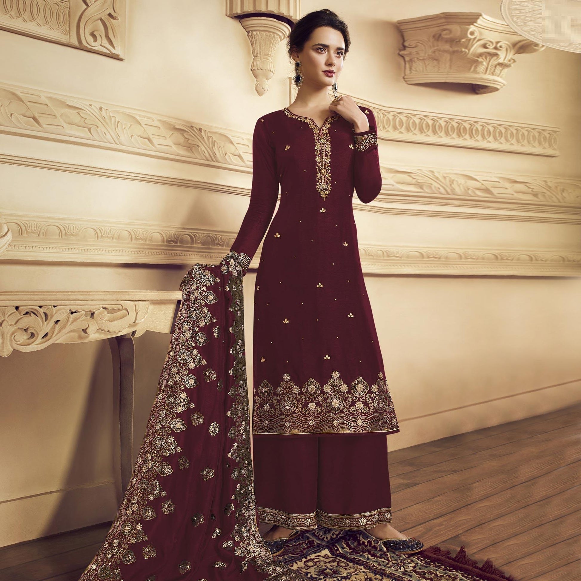 Ethnic Maroon Colored Partywear Embroidered Crepe Straight Suit