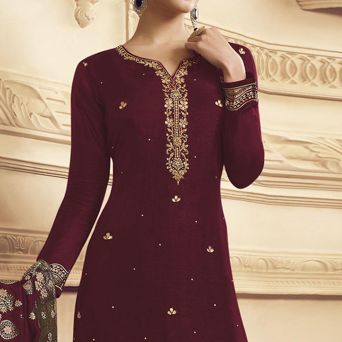 Ethnic Maroon Colored Partywear Embroidered Crepe Straight Suit
