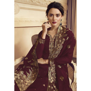 Ethnic Maroon Colored Partywear Embroidered Crepe Straight Suit