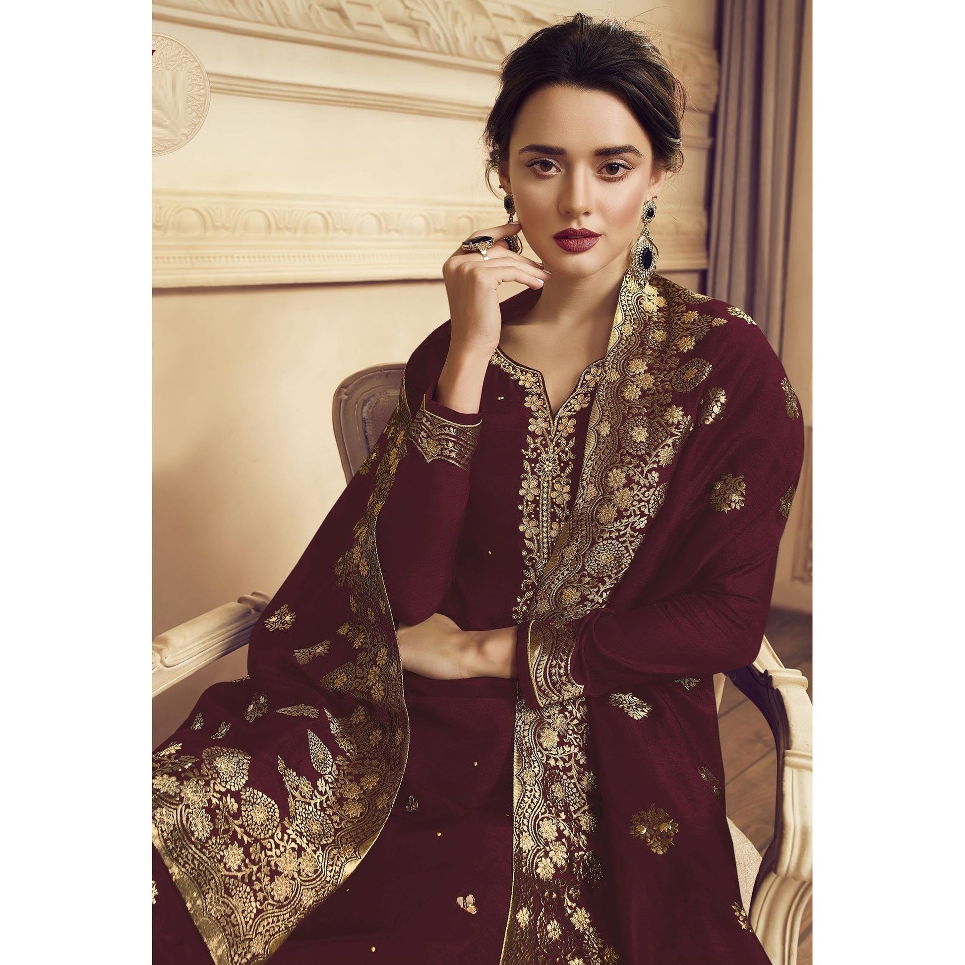 Ethnic Maroon Colored Partywear Embroidered Crepe Straight Suit