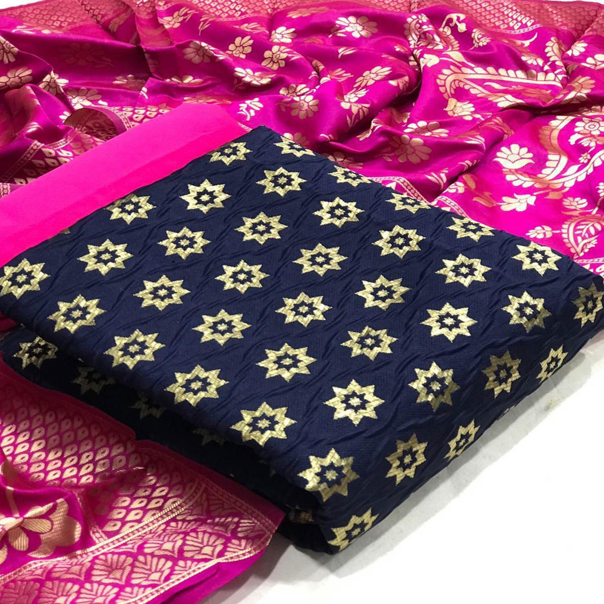 Ethnic Navy Blue Colored Casual Wear Woven Banarasi Silk Dress Material