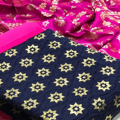 Ethnic Navy Blue Colored Casual Wear Woven Banarasi Silk Dress Material