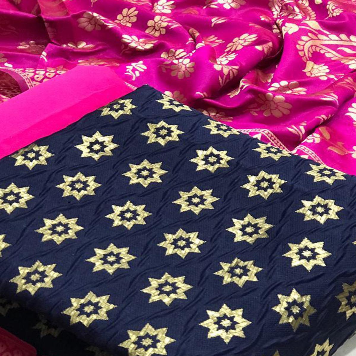 Ethnic Navy Blue Colored Casual Wear Woven Banarasi Silk Dress Material