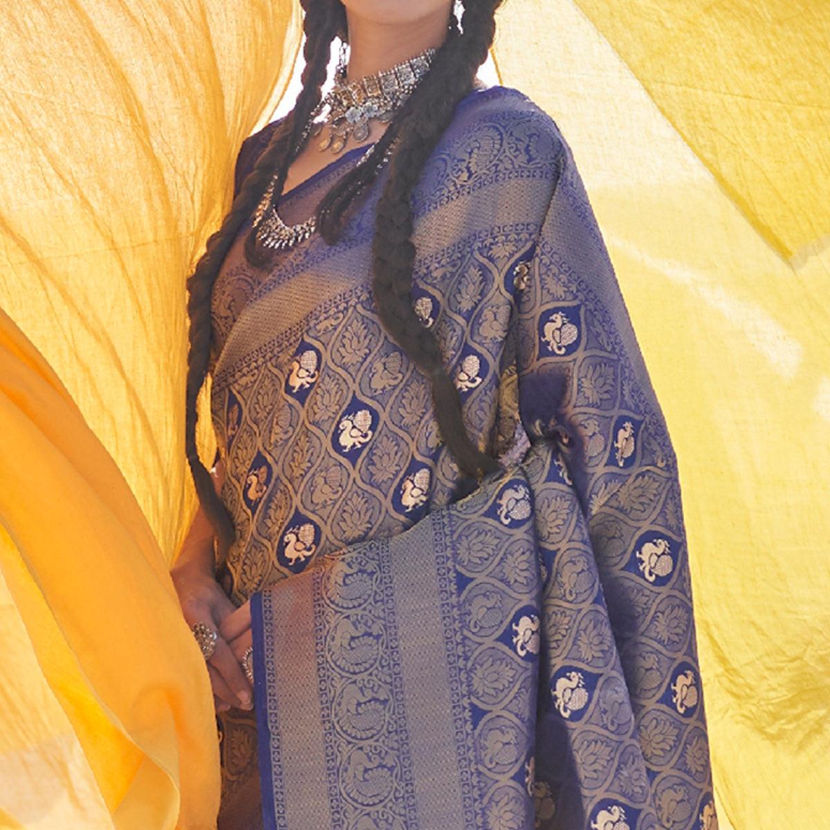 Ethnic Navy Blue Colored Festive Wear Weaving Handloom Soft Silk Saree