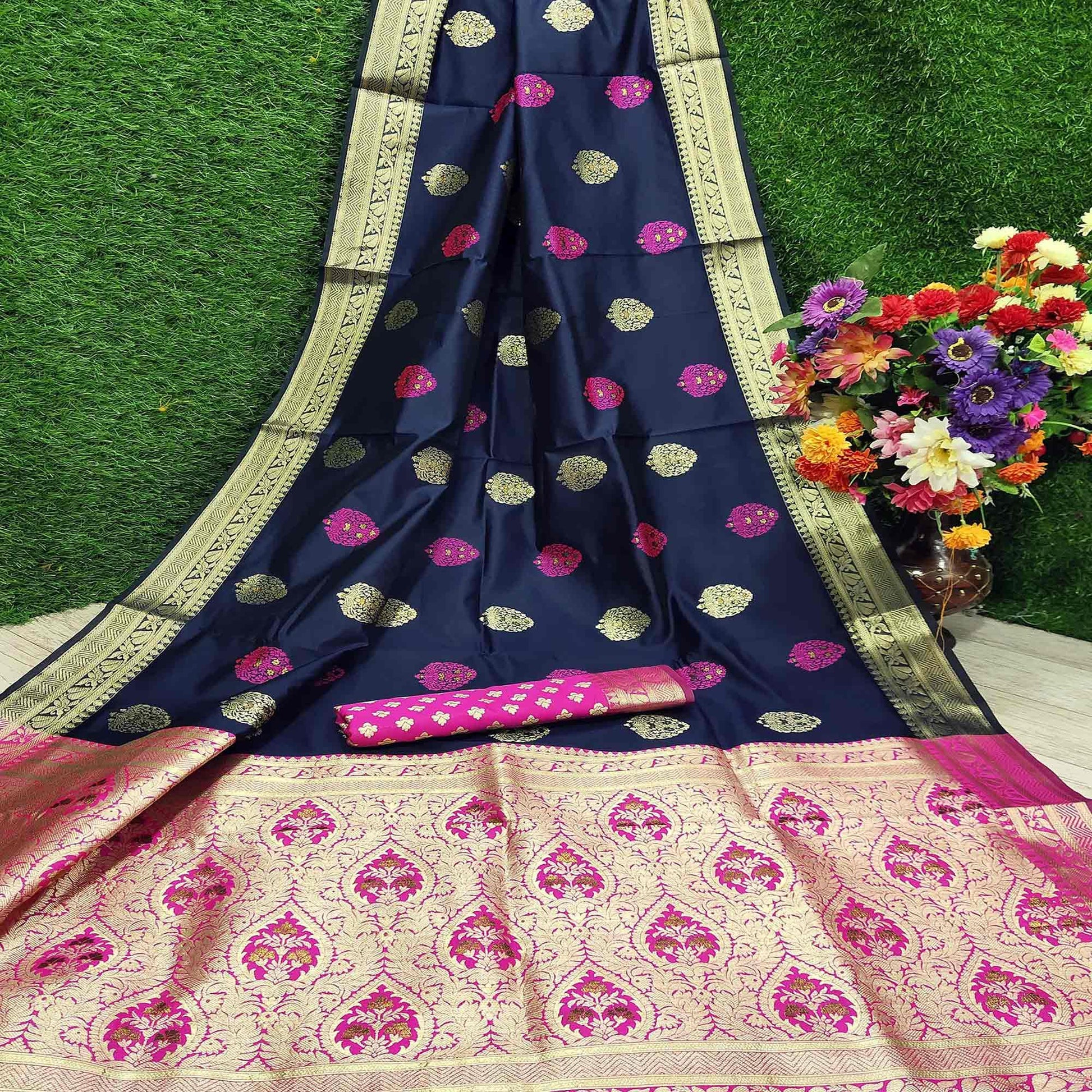Ethnic Navy Blue Colored Festive Wear Woven Banarasi Silk Saree