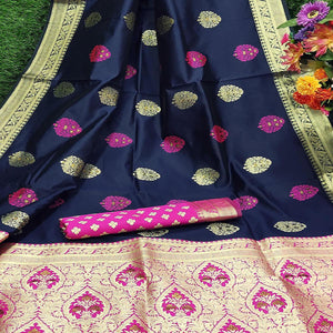 Ethnic Navy Blue Colored Festive Wear Woven Banarasi Silk Saree