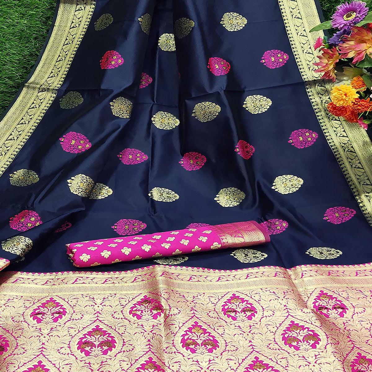 Ethnic Navy Blue Colored Festive Wear Woven Banarasi Silk Saree