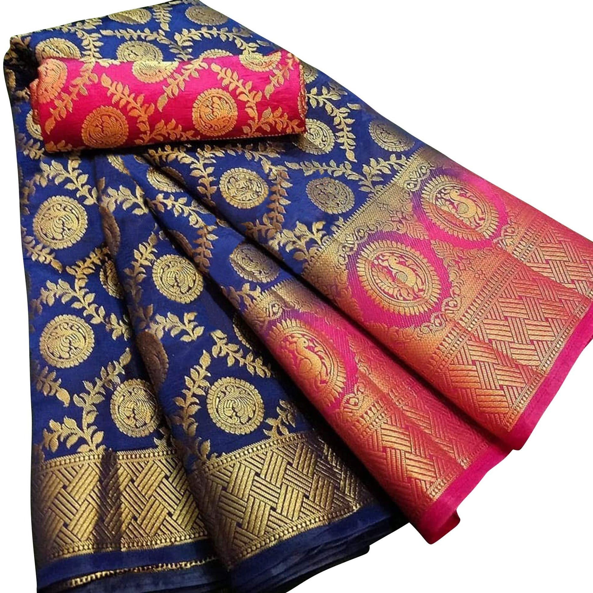 Ethnic Navy Blue Colored Festive Wear Woven Silk Blend Saree