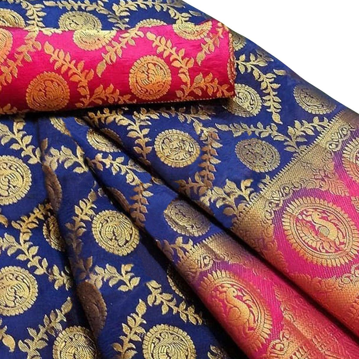 Ethnic Navy Blue Colored Festive Wear Woven Silk Blend Saree