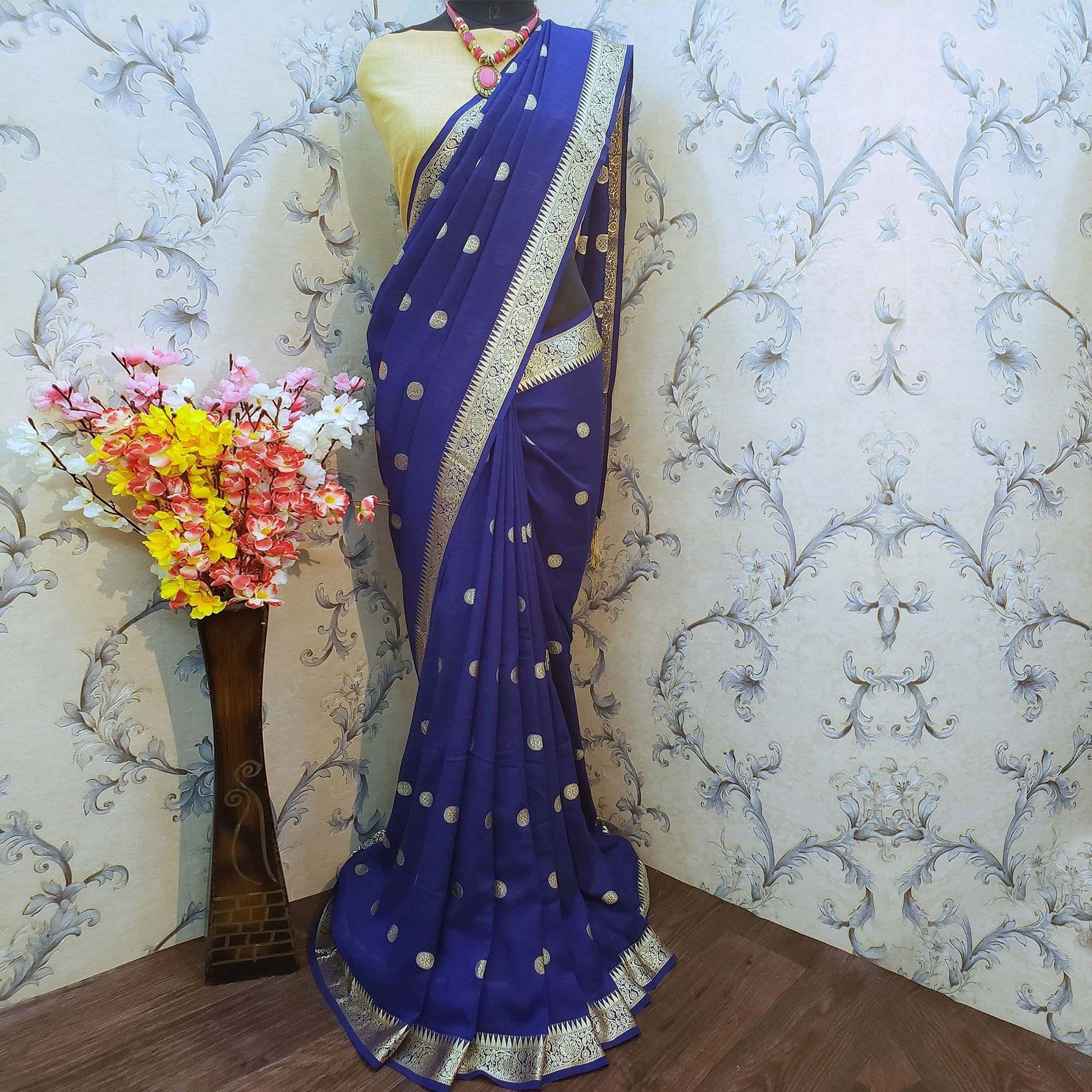 Ethnic Navy Blue Colored Festive Wear Woven Vichitra Silk Saree