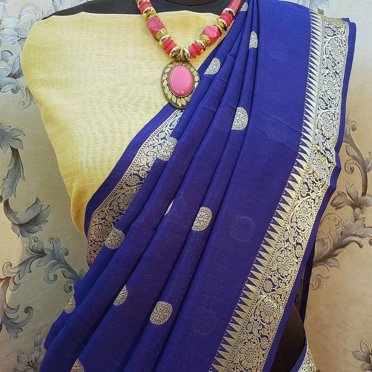 Ethnic Navy Blue Colored Festive Wear Woven Vichitra Silk Saree