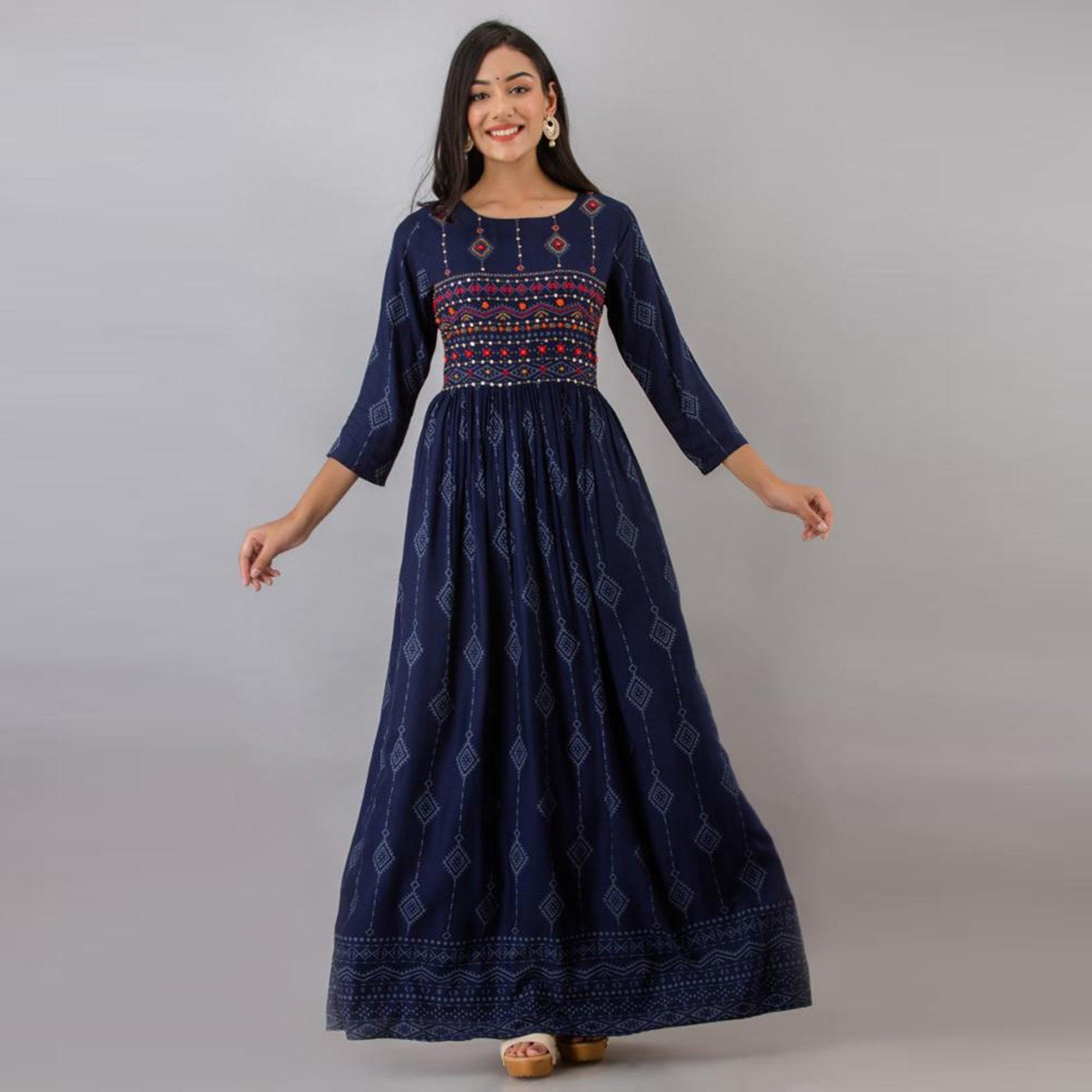 Ethnic Navy Blue Colored Partywear Embroidered Muslin Long Kurti