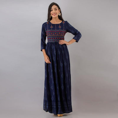 Ethnic Navy Blue Colored Partywear Embroidered Muslin Long Kurti