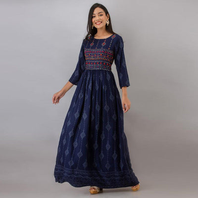 Ethnic Navy Blue Colored Partywear Embroidered Muslin Long Kurti