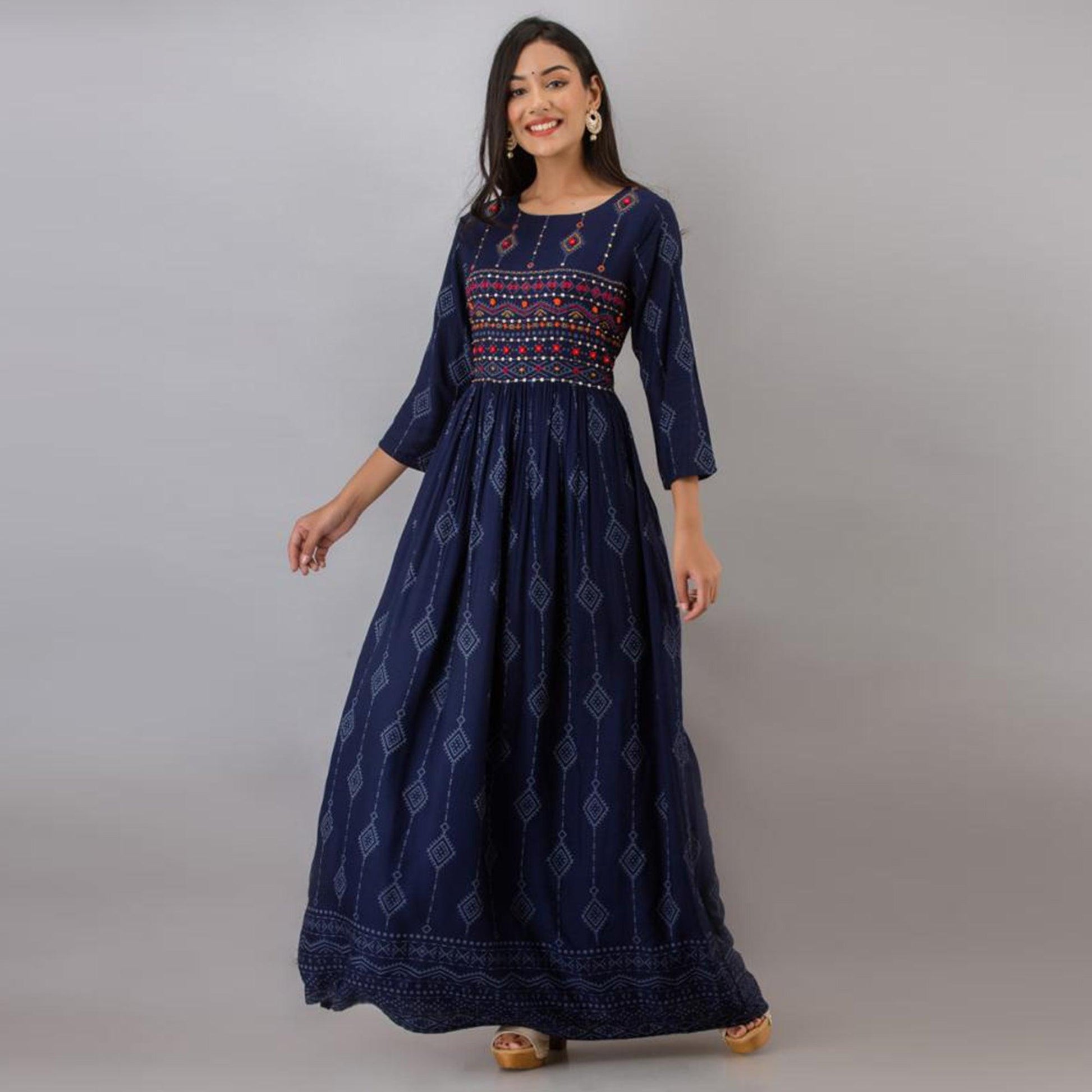 Ethnic Navy Blue Colored Partywear Embroidered Muslin Long Kurti