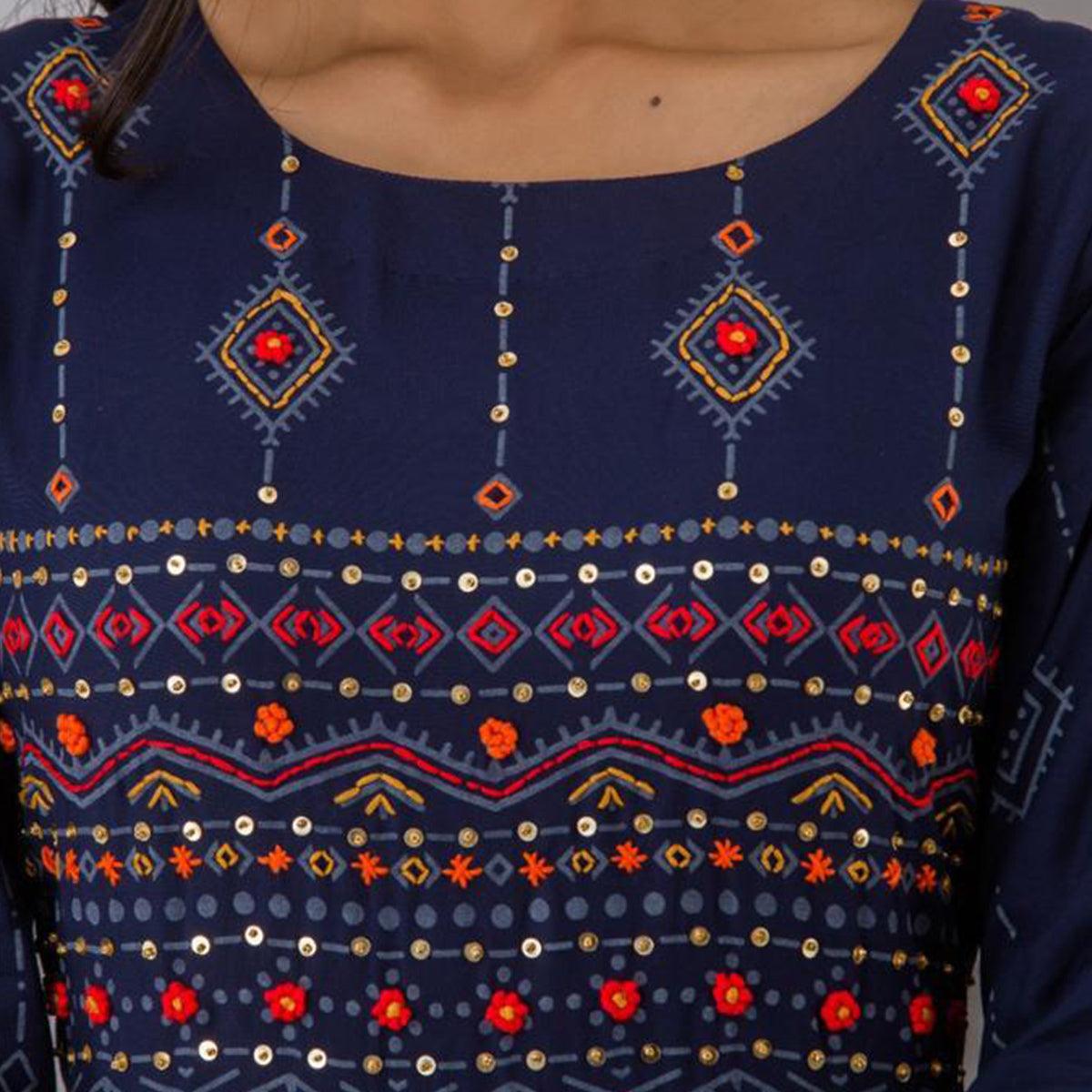 Ethnic Navy Blue Colored Partywear Embroidered Muslin Long Kurti