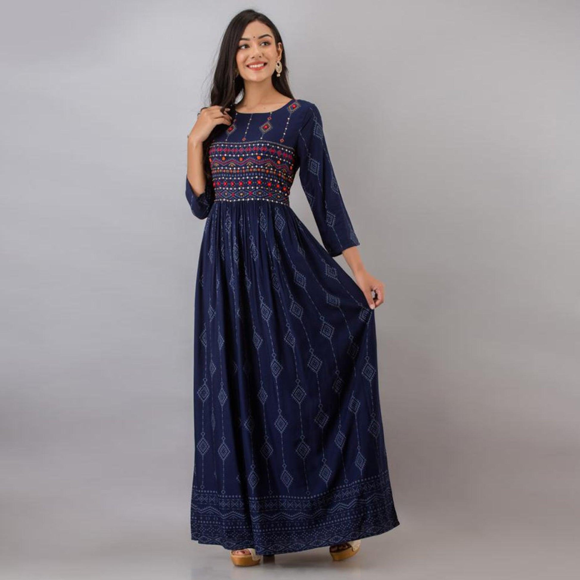 Ethnic Navy Blue Colored Partywear Embroidered Muslin Long Kurti