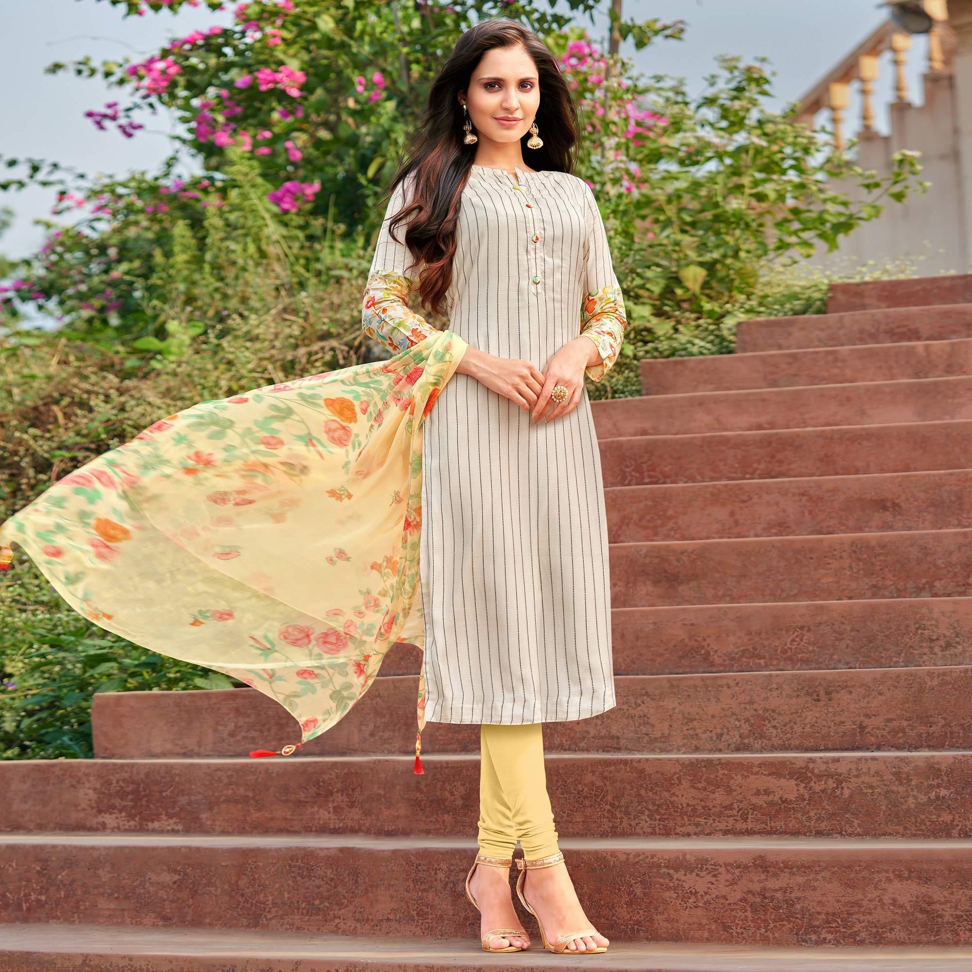 Ethnic Offwhite Colored Partywear Embroidered Modal Cotton Dress Material