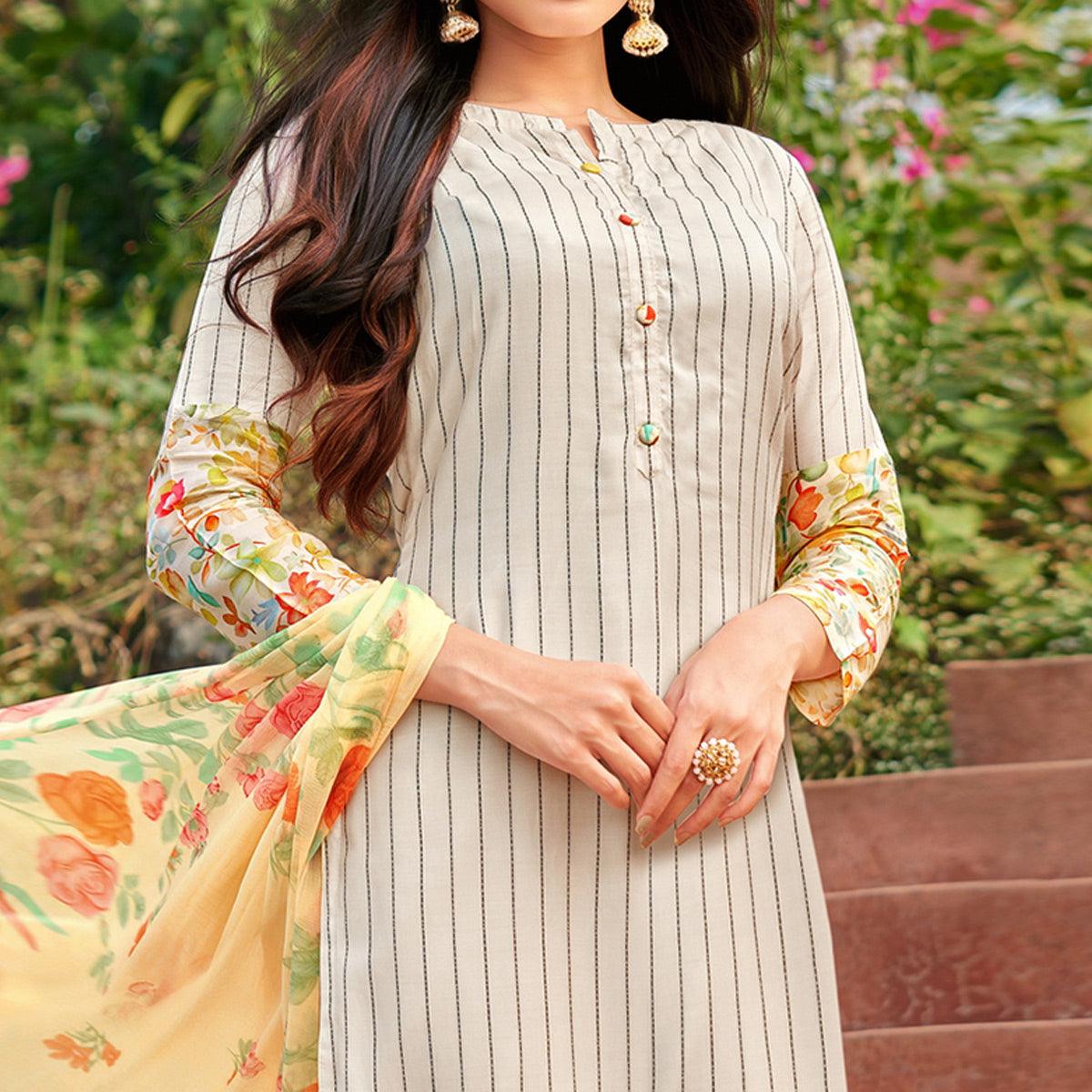 Ethnic Offwhite Colored Partywear Embroidered Modal Cotton Dress Material