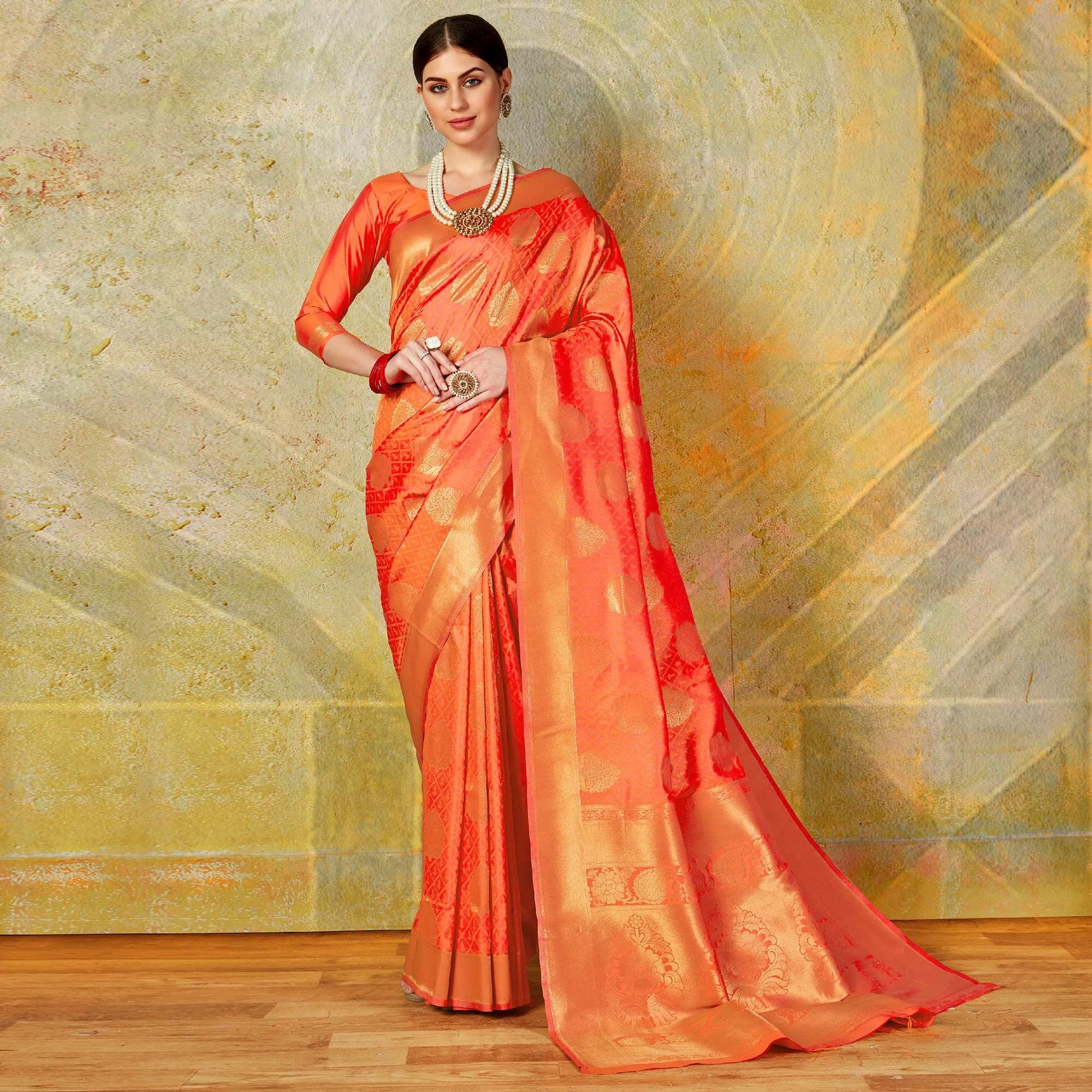 Ethnic Orange Colored Festive Wear Woven Handloom Silk Saree