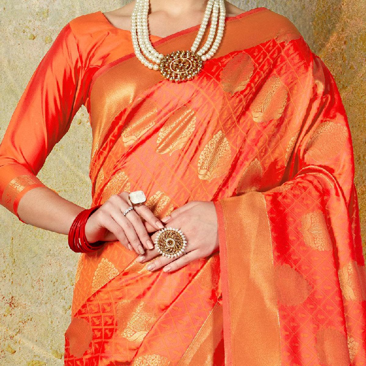 Ethnic Orange Colored Festive Wear Woven Handloom Silk Saree