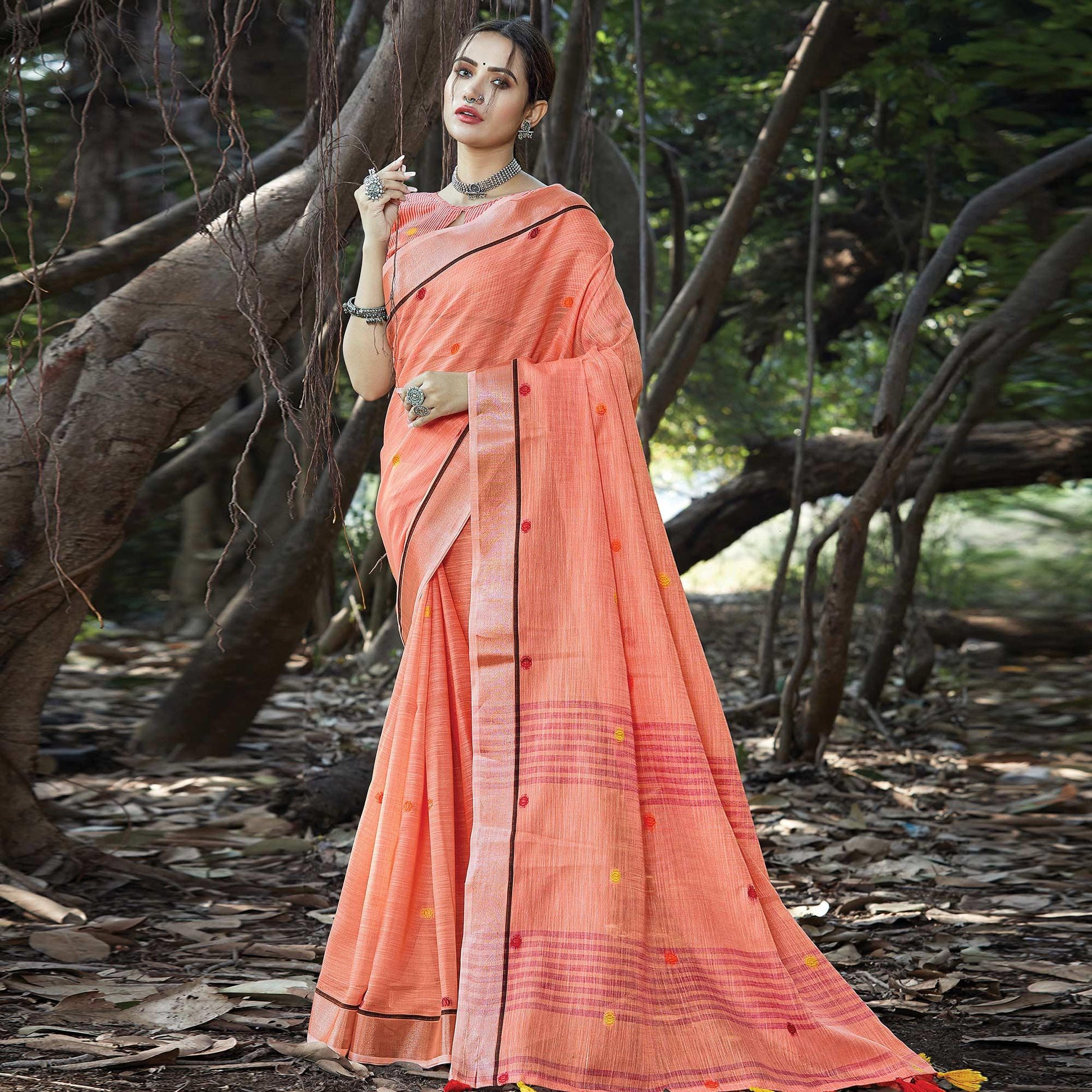 Ethnic Peach Colored Festive Wear Printed Linen Saree
