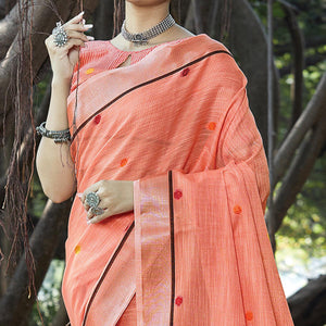 Ethnic Peach Colored Festive Wear Printed Linen Saree