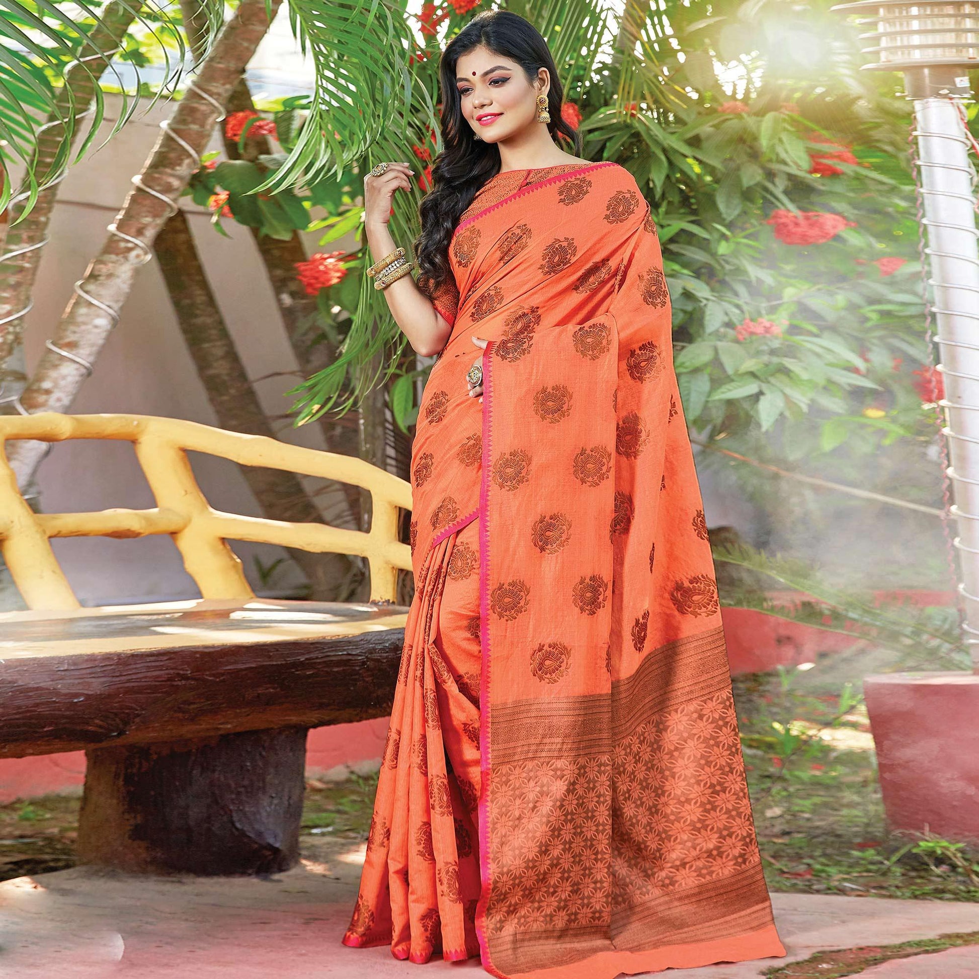 Ethnic Peach Colored Festive Wear Woven Cotton Handloom Saree