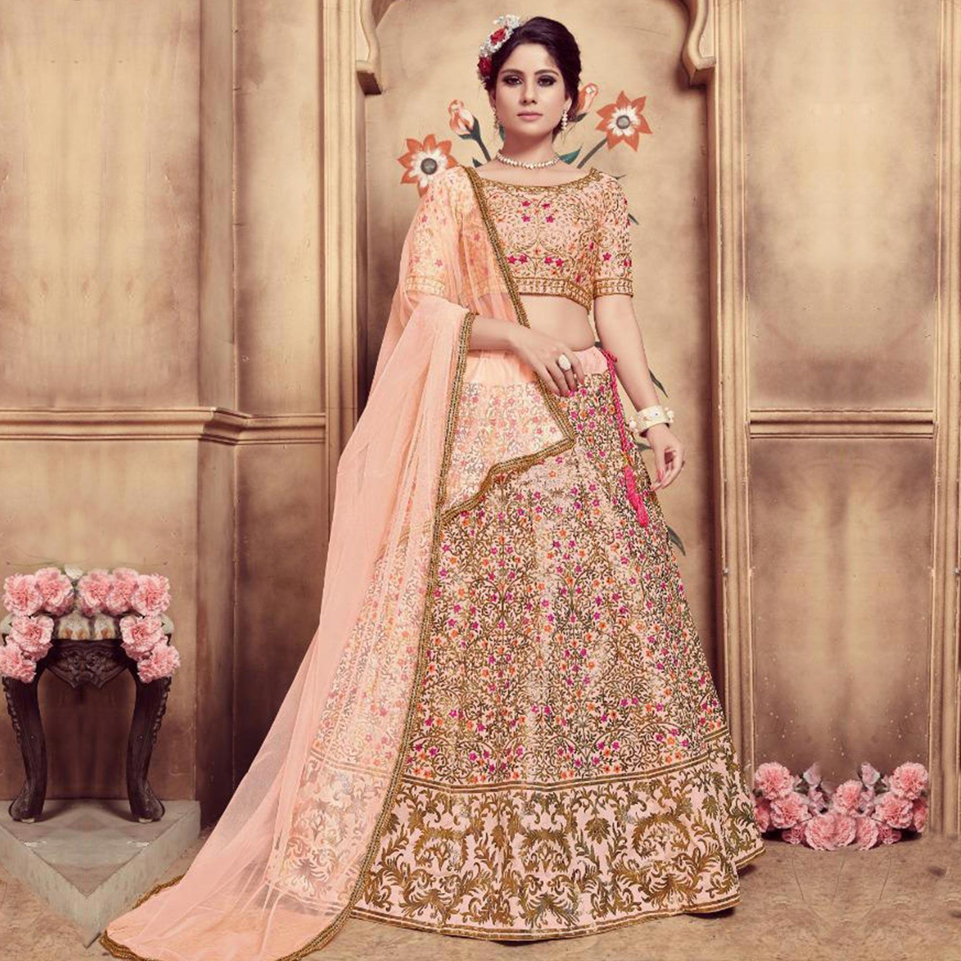 Ethnic Peach Colored Party Wear Embroidered Silk Lehenga Choli