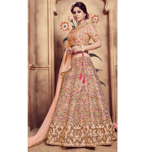 Ethnic Peach Colored Party Wear Embroidered Silk Lehenga Choli