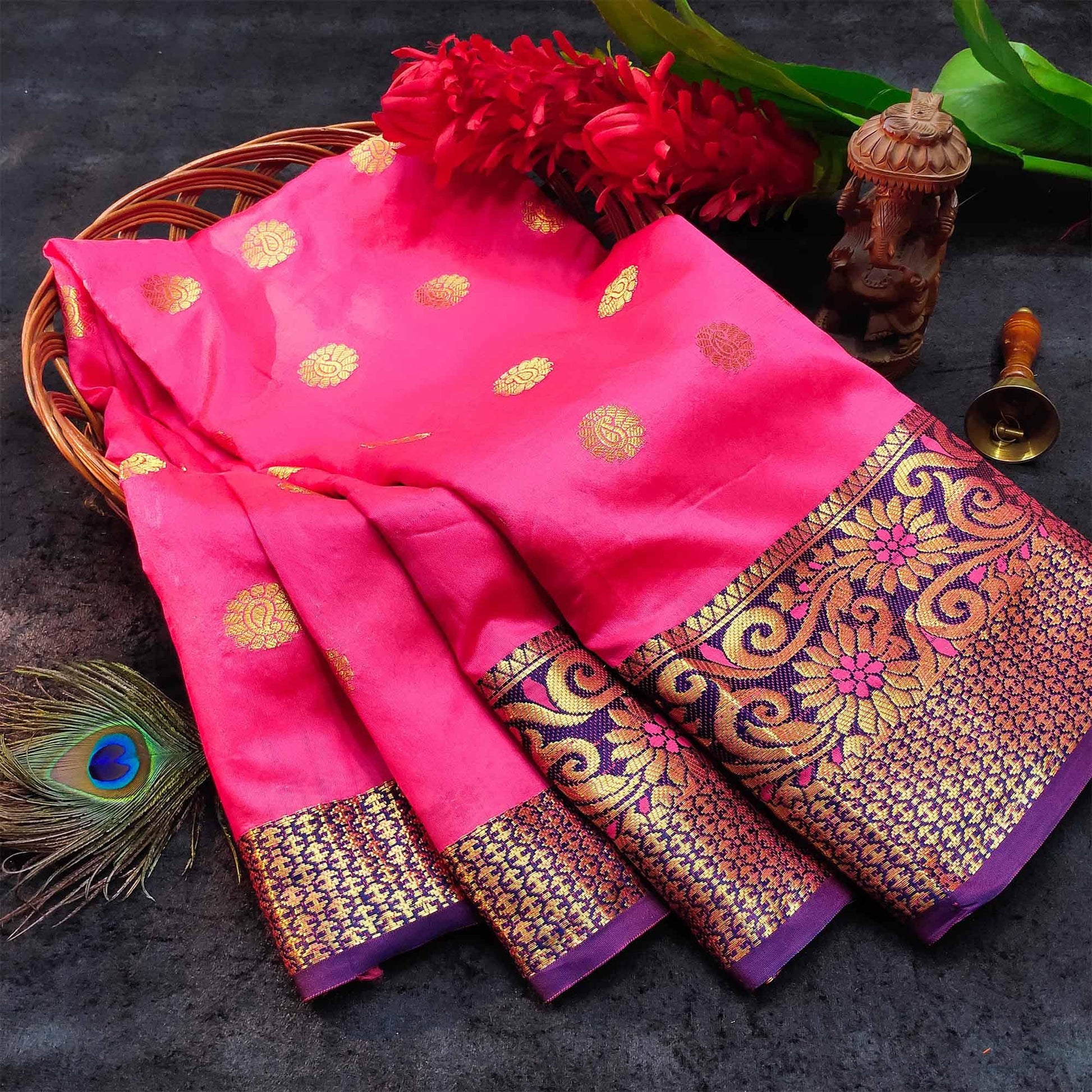 Ethnic Pink Colored Festive Wear Woven Kanjivaram Silk Saree