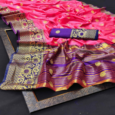 Ethnic Pink Colored Festive Wear Woven Kanjivaram Silk Saree