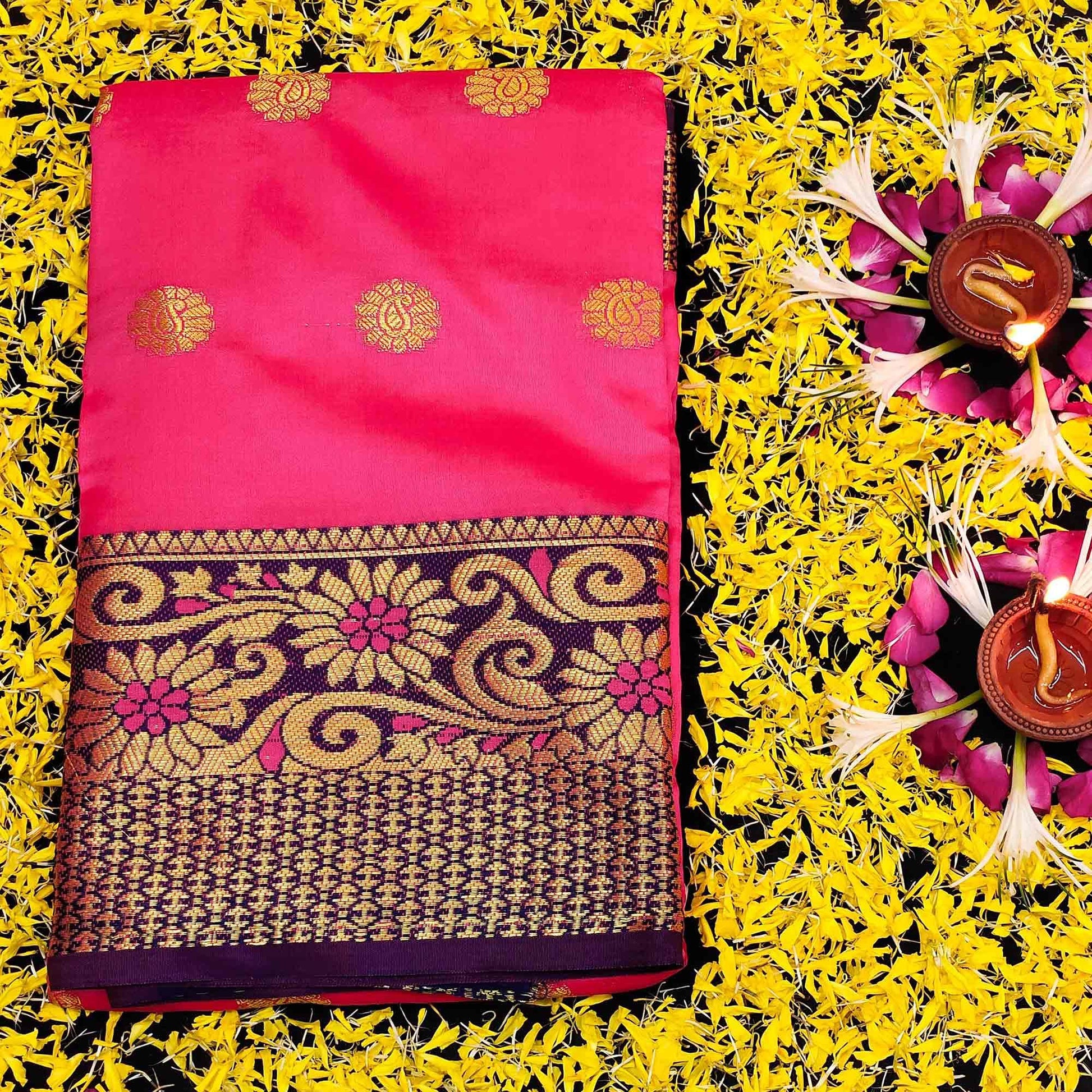 Ethnic Pink Colored Festive Wear Woven Kanjivaram Silk Saree