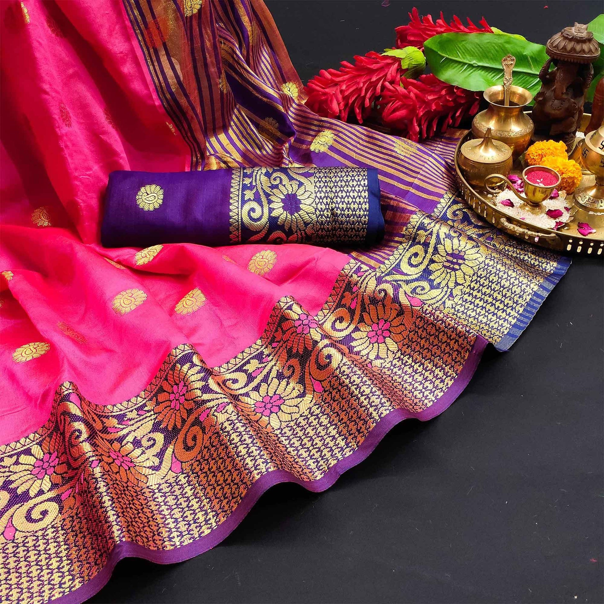 Ethnic Pink Colored Festive Wear Woven Kanjivaram Silk Saree