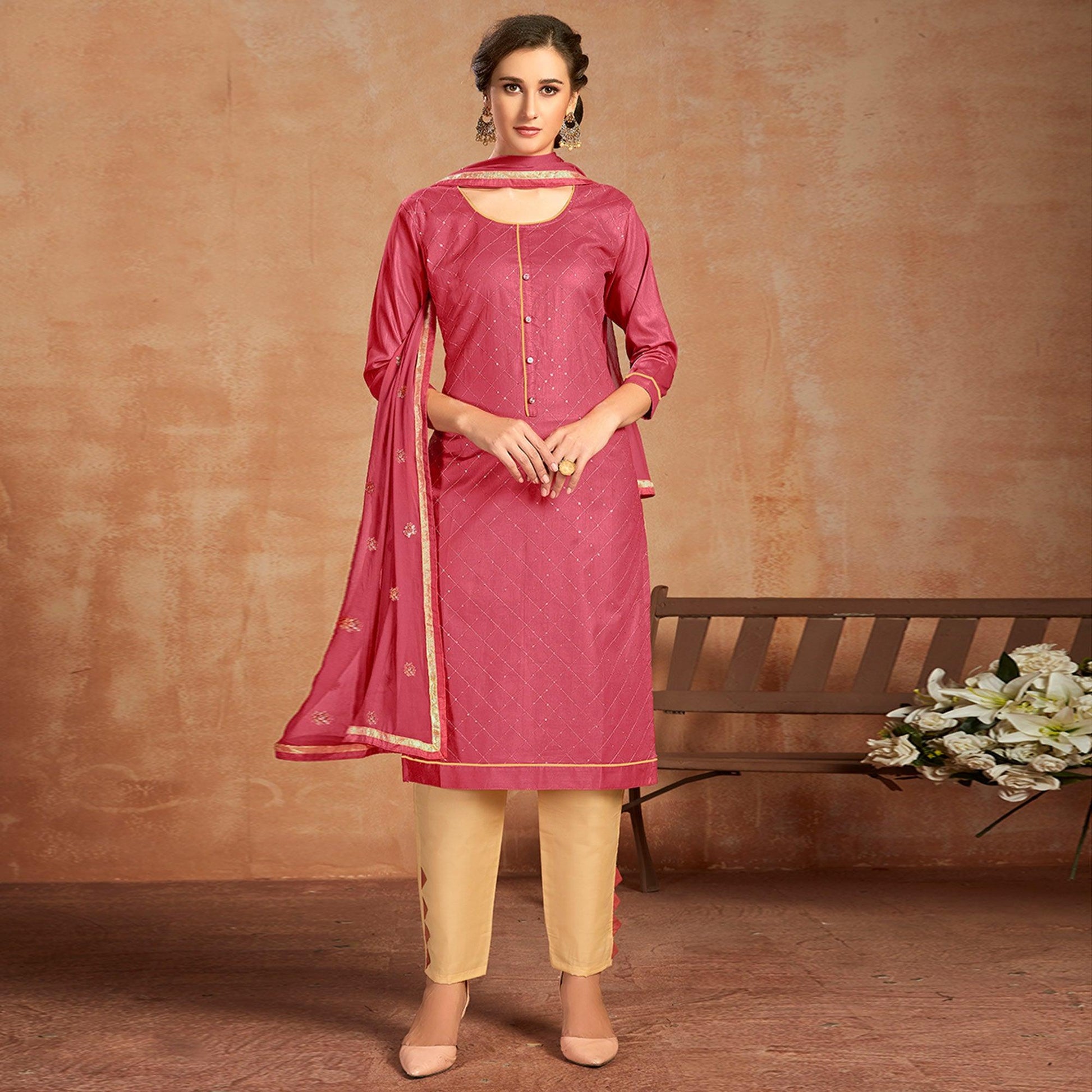 Ethnic Pink Colored Partywear Embroidered Pure Cotton Dress Material