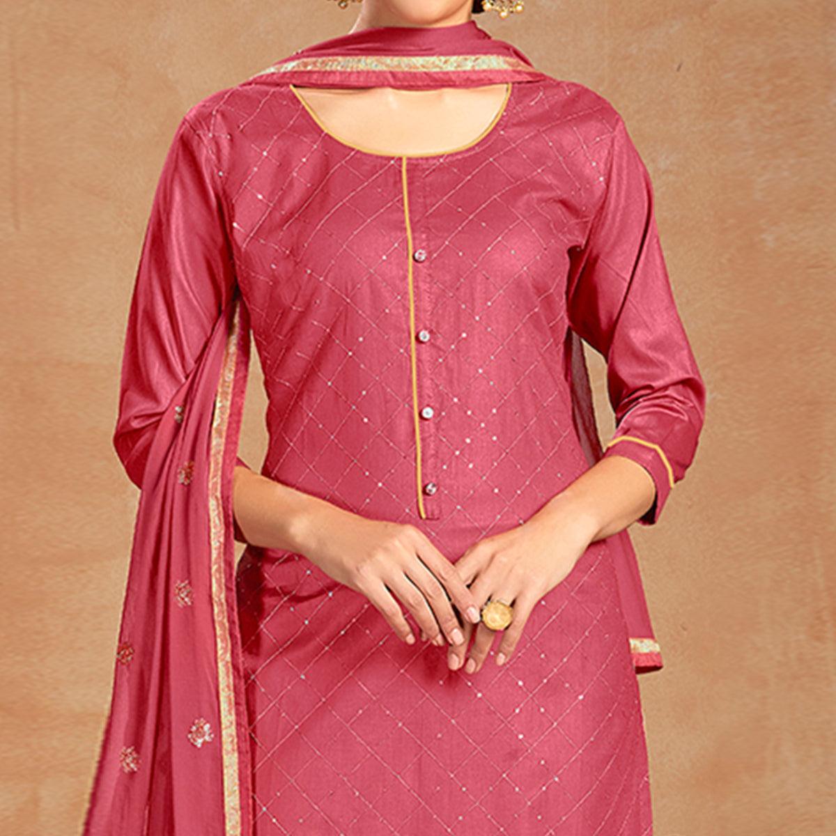 Ethnic Pink Colored Partywear Embroidered Pure Cotton Dress Material