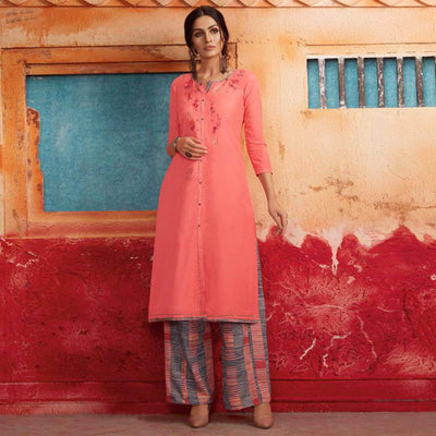 Ethnic Pink Colored Partywear Embroidered Pure Muslin-Silk Kurti-Palazzo Set