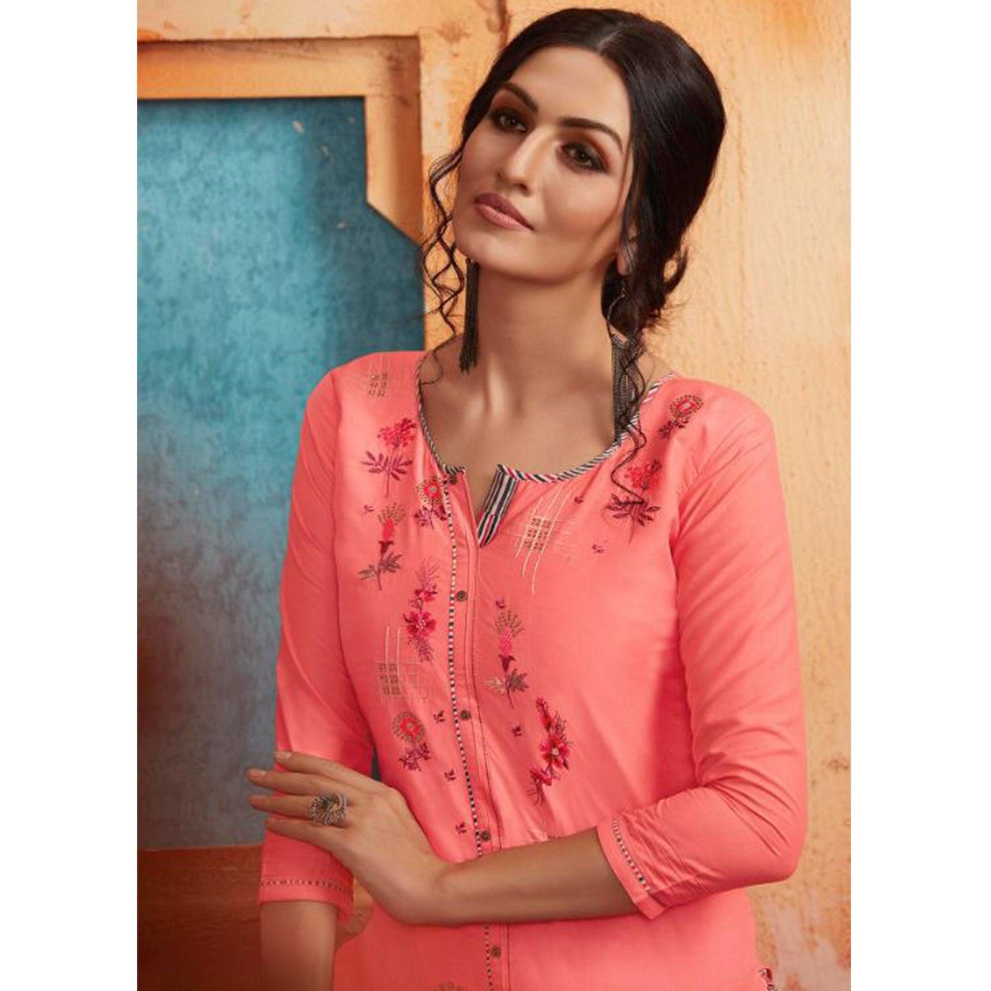Ethnic Pink Colored Partywear Embroidered Pure Muslin-Silk Kurti-Palazzo Set