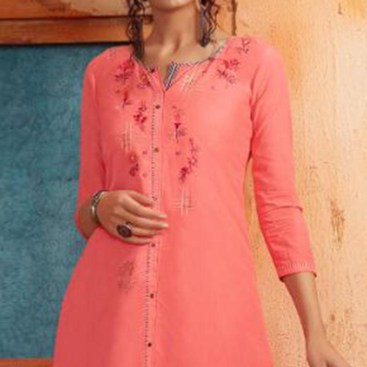 Ethnic Pink Colored Partywear Embroidered Pure Muslin-Silk Kurti-Palazzo Set