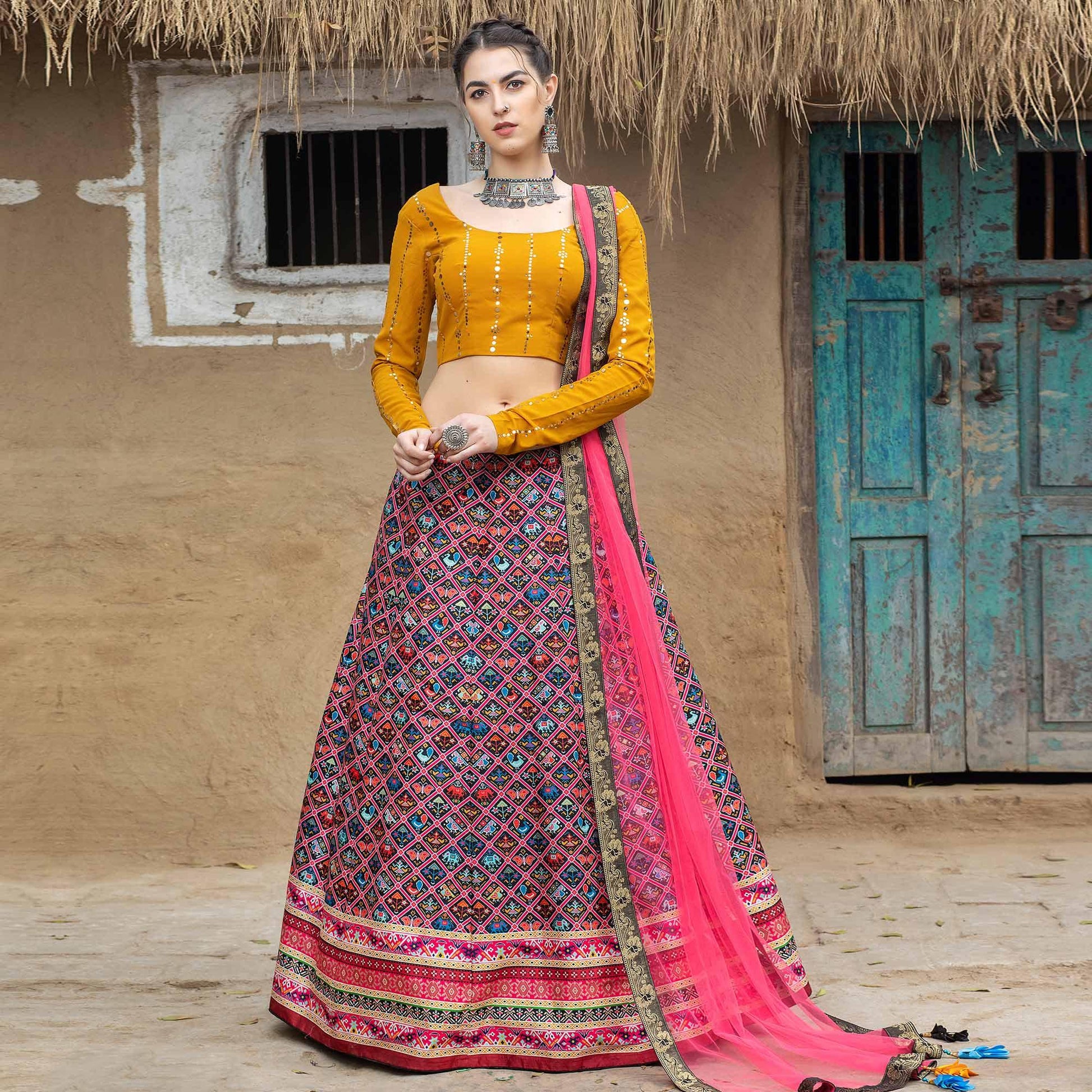 Ethnic Pink Coloured Partywear Printed Art Silk Lehenga Choli